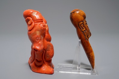 A Chinese carved coral figure and an ivory tea spoon, 19th C.