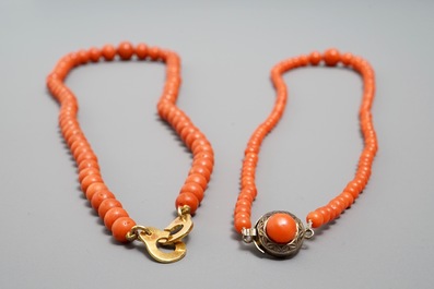 Five Chinese necklaces of coral and jade beads, 20th C.