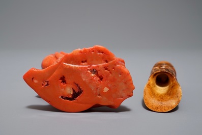 A Chinese carved coral figure and an ivory tea spoon, 19th C.