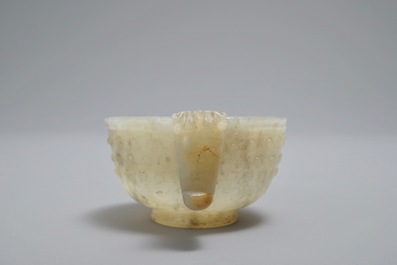 A Chinese mottled jade two-handled cup, Qing