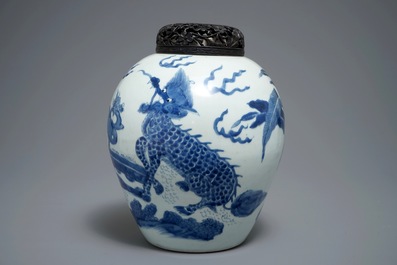 A Chinese blue and white 'qilin' jar, Transitional period