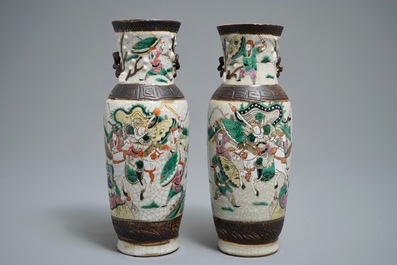 A pair of Chinese Nanking famille rose crackle-glazed vases, 19th C.
