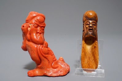 A Chinese carved coral figure and an ivory tea spoon, 19th C.