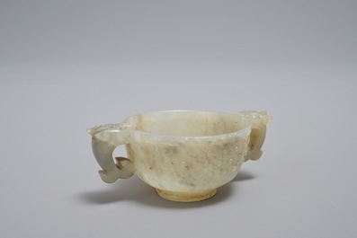 A Chinese mottled jade two-handled cup, Qing