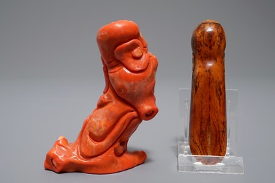 A Chinese carved coral figure and an ivory tea spoon, 19th C.