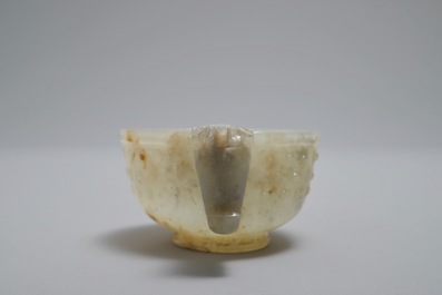A Chinese mottled jade two-handled cup, Qing