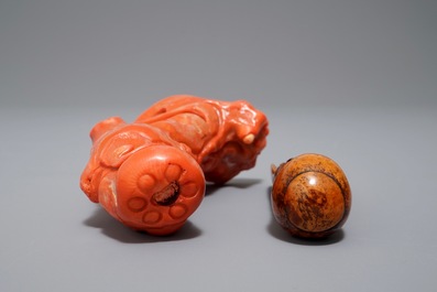 A Chinese carved coral figure and an ivory tea spoon, 19th C.