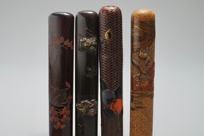 Four Japanese kiseru or tobacco pipe cases, a pipe and a pouch, Meiji, 19th C.