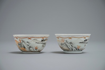 A pair of Chinese famille rose bianco sopra bianco cups and saucers, Qianlong