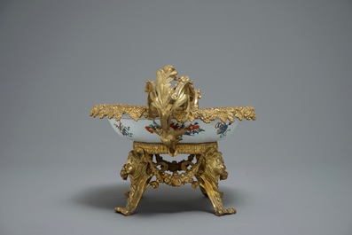 A deep Chinese octagonal dish in a French gilt bronze mount, Yongzheng and 19th C.