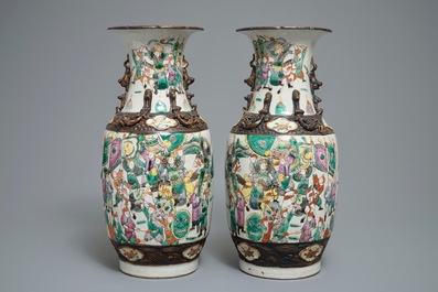 A pair of Chinese Nanking crackle-glazed vases and a Canton verte deep dish, 19th C.