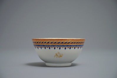 A Chinese export porcelain teapot with matching cup and saucer, Jiaqing
