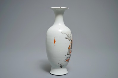 A Chinese iron red and grisaille vase with immortals, Qianlong mark, Republic, 20th C.