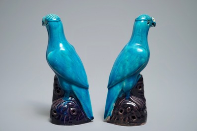 Deux mod&egrave;les de perroquets en porcelaine de Chine turquoise et aubergine, 19&egrave;me