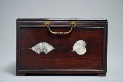 A Chinese rosewood jewelry box with marble panels, 19/20th C.