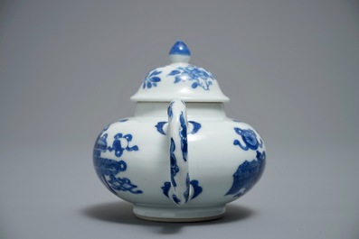 A Chinese blue and white teapot and cover with antiquities design, Kangxi