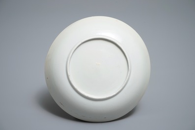 A Chinese export porcelain teapot with matching cup and saucer, Jiaqing