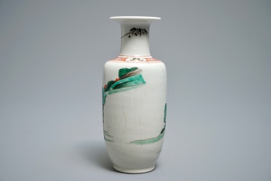 A Chinese famille verte rouleau vase with figures in a landscape, Kangxi