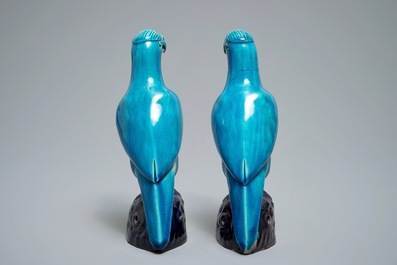 Deux mod&egrave;les de perroquets en porcelaine de Chine turquoise et aubergine, 19&egrave;me