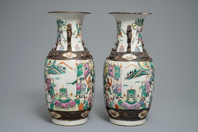 A pair of Chinese Nanking crackle-glazed vases and a Canton verte deep dish, 19th C.