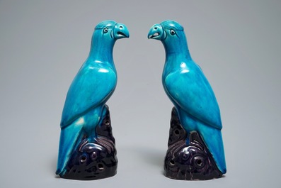 Deux mod&egrave;les de perroquets en porcelaine de Chine turquoise et aubergine, 19&egrave;me