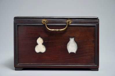 A Chinese rosewood jewelry box with marble panels, 19/20th C.