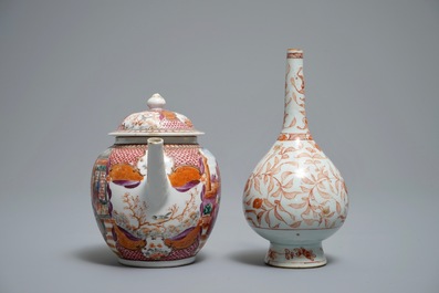 A Chinese iron red and gilt rosewater sprinkler and a mandarin design teapot, Kangxi and Qianlong