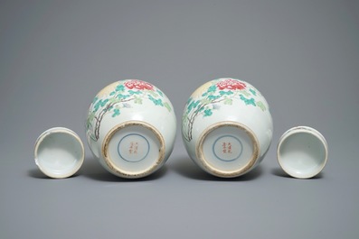 A pair of Chinese famille rose jars and covers with insects and flowers, Qianlong mark, 19/20th C.