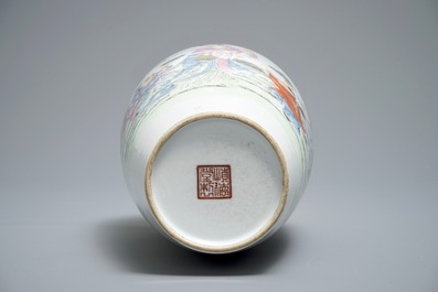 A Chinese famille rose vase with a garden scene, Republic, 20th C.