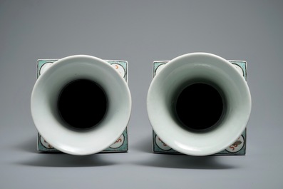 A pair of square Chinese famille verte vases, 19th C.