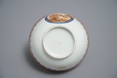 A Chinese export porcelain teapot with matching cup and saucer, Jiaqing