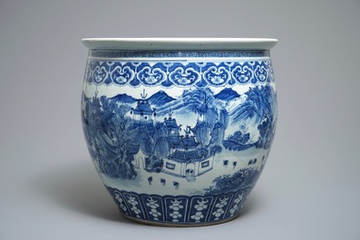 A Chinese blue and white fish bowl with a river landscape, 19th C.