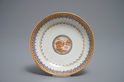 A Chinese export porcelain teapot with matching cup and saucer, Jiaqing