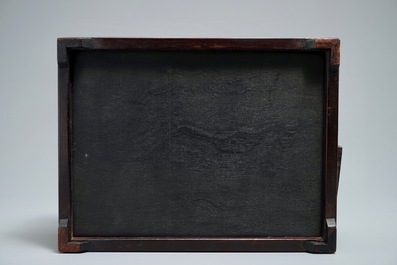 A Chinese rosewood jewelry box with marble panels, 19/20th C.