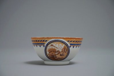 A Chinese export porcelain teapot with matching cup and saucer, Jiaqing