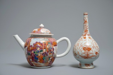 A Chinese iron red and gilt rosewater sprinkler and a mandarin design teapot, Kangxi and Qianlong