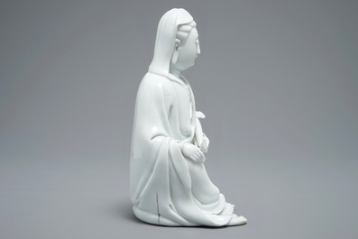 A Chinese blanc de Chine model of Guanyin with incised mark, 18th C.