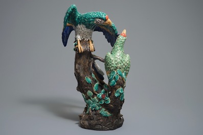 A large Chinese Shiwan pottery group of parrots, impressed mark, 20th C.