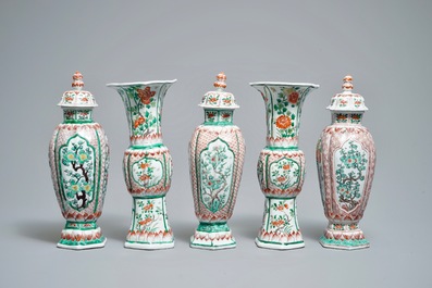 A Chinese famille verte five-piece garniture with floral design , Kangxi