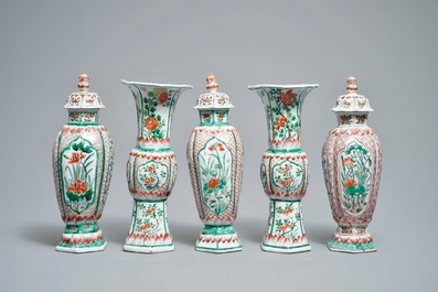 A Chinese famille verte five-piece garniture with floral design , Kangxi
