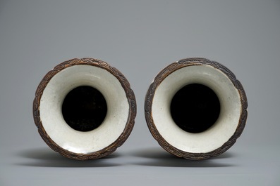 A pair of Chinese Nanking crackle-glazed vases and a Canton verte deep dish, 19th C.