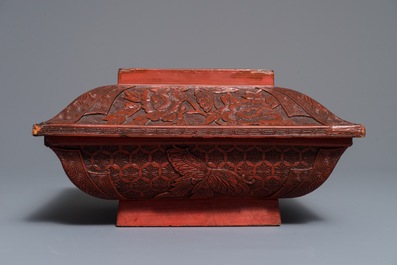 A Chinese cinnabar lacquer square bowl and cover with a qilin, 17/18th C.