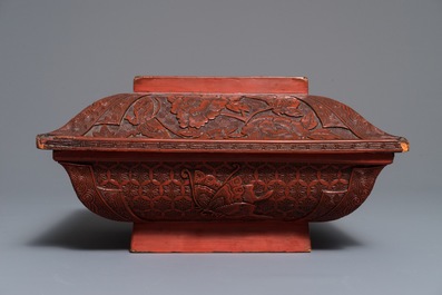 A Chinese cinnabar lacquer square bowl and cover with a qilin, 17/18th C.