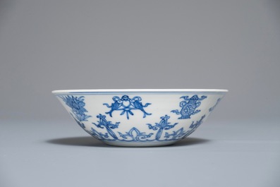 A Chinese blue and white bowl with taoist symbols, Jiajing mark, Kangxi