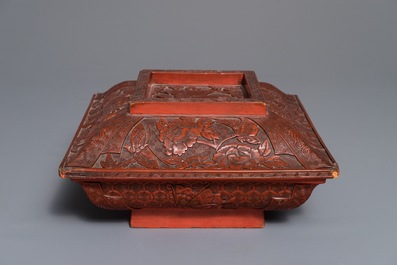 A Chinese cinnabar lacquer square bowl and cover with a qilin, 17/18th C.