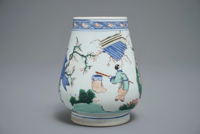 A Chinese wucai brush pot of tapering form with figural design, Transitional period