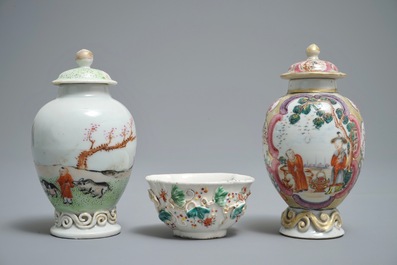 Two Chinese famille rose tea caddies and a relief-decorated cup and saucer, Yongzheng/Qianlong