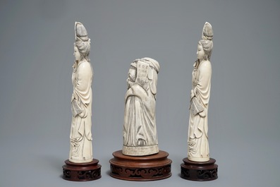 Three Chinese carved ivory figures of ladies and of an immortal, 2nd half 19th C.