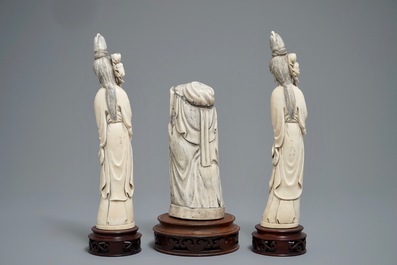 Three Chinese carved ivory figures of ladies and of an immortal, 2nd half 19th C.