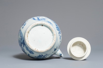 A Chinese blue and white wine jug and cover with fine design of birds and prunus branches, Transitional period